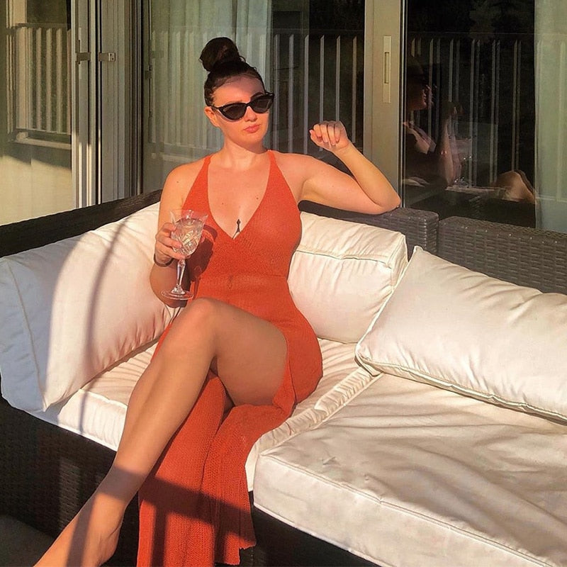 Women New Crochet Beach Maxi Dress See Through Bikini Plunge Backless Bandage Sleeveless Lacing Split Long Dresses
