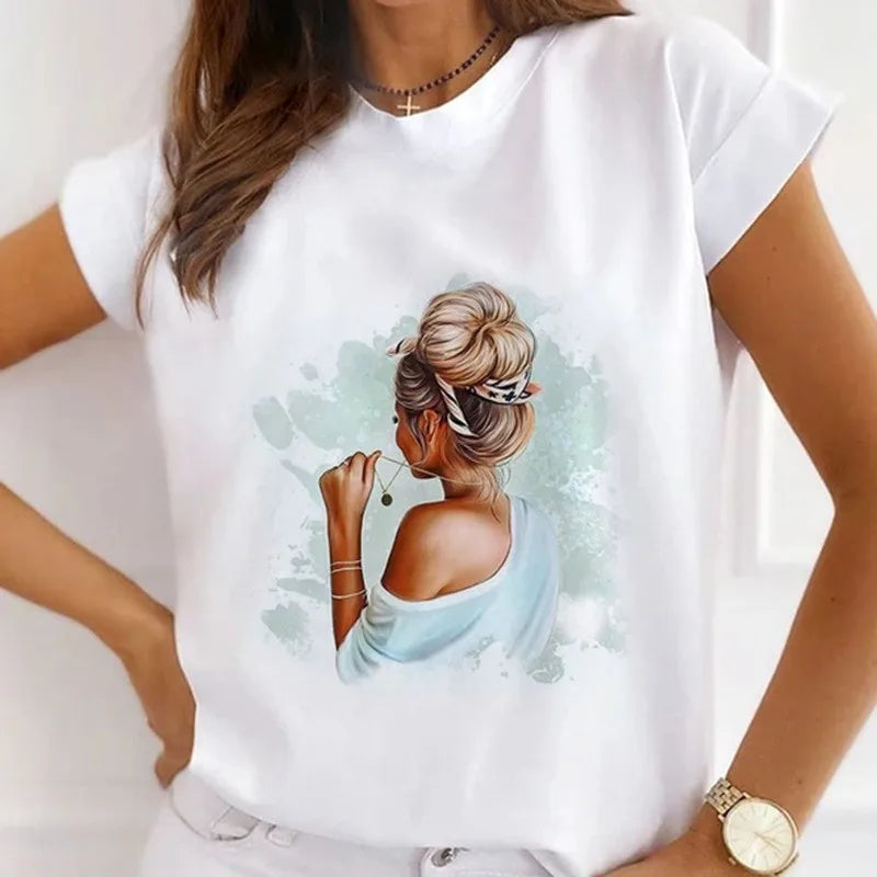 Women's Vintage Graphic Beautiful Style Printed T Shirts Loose Tops White Modal Short Sleeve Tees