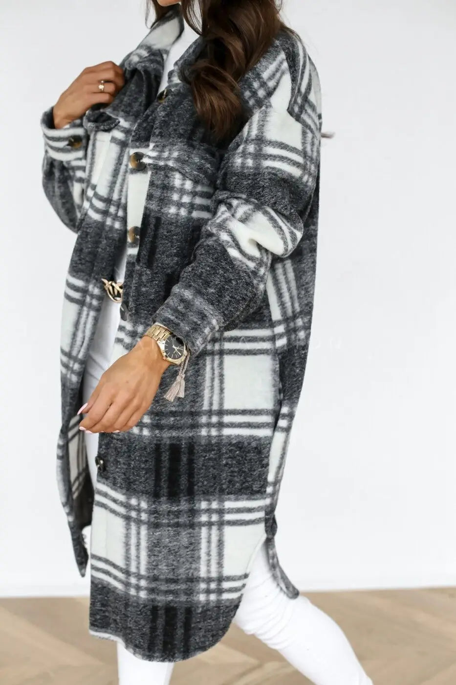 Women's Casual Oversized Winter Checker Jackets Coats Oversized Winter Checker Jackets Coats Turn Down Collar Long Outwear Thick Warm Woolen Blends Overcoats