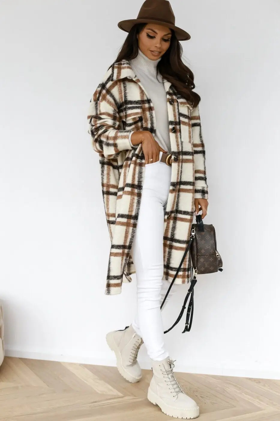 Women's Casual Oversized Winter Checker Jackets Coats Oversized Winter Checker Jackets Coats Turn Down Collar Long Outwear Thick Warm Woolen Blends Overcoats