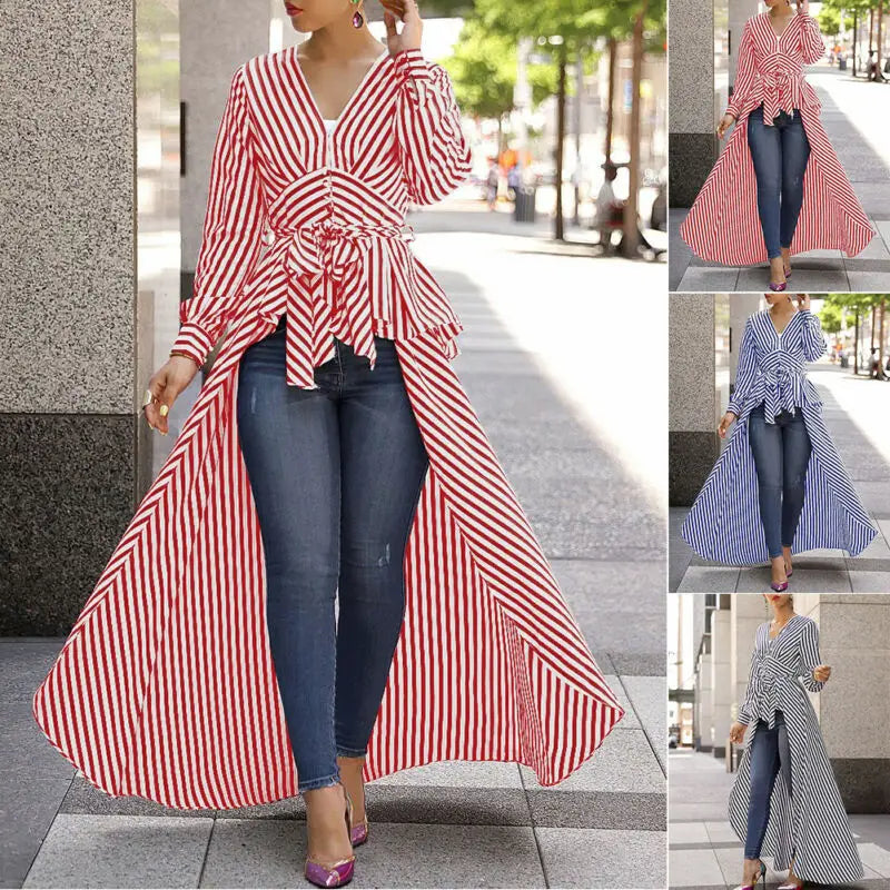 Women Casual Stripe Long Sleeve Blouse Shirt V-Neck Maxi Dress  Business office lady Dress