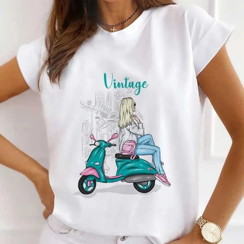 Women's Vintage Graphic Beautiful Style Printed T Shirts Loose Tops White Modal Short Sleeve Tees