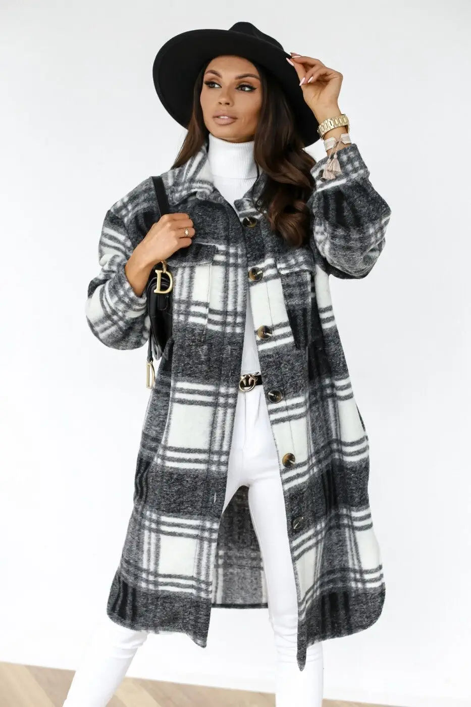Women's Casual Oversized Winter Checker Jackets Coats Oversized Winter Checker Jackets Coats Turn Down Collar Long Outwear Thick Warm Woolen Blends Overcoats