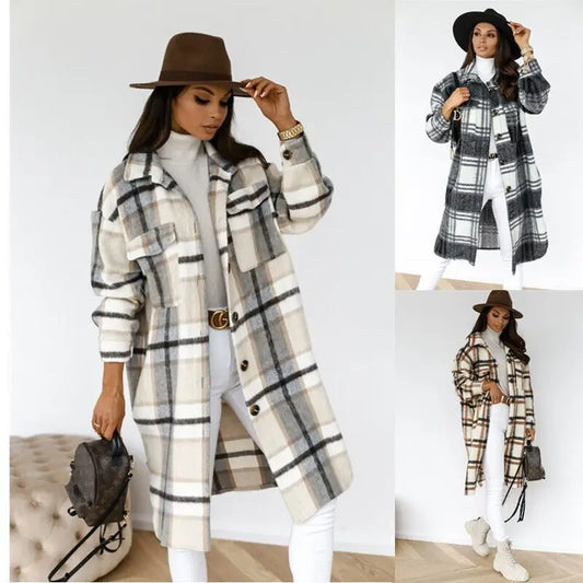 Women's Casual Oversized Winter Checker Jackets Coats Oversized Winter Checker Jackets Coats Turn Down Collar Long Outwear Thick Warm Woolen Blends Overcoats