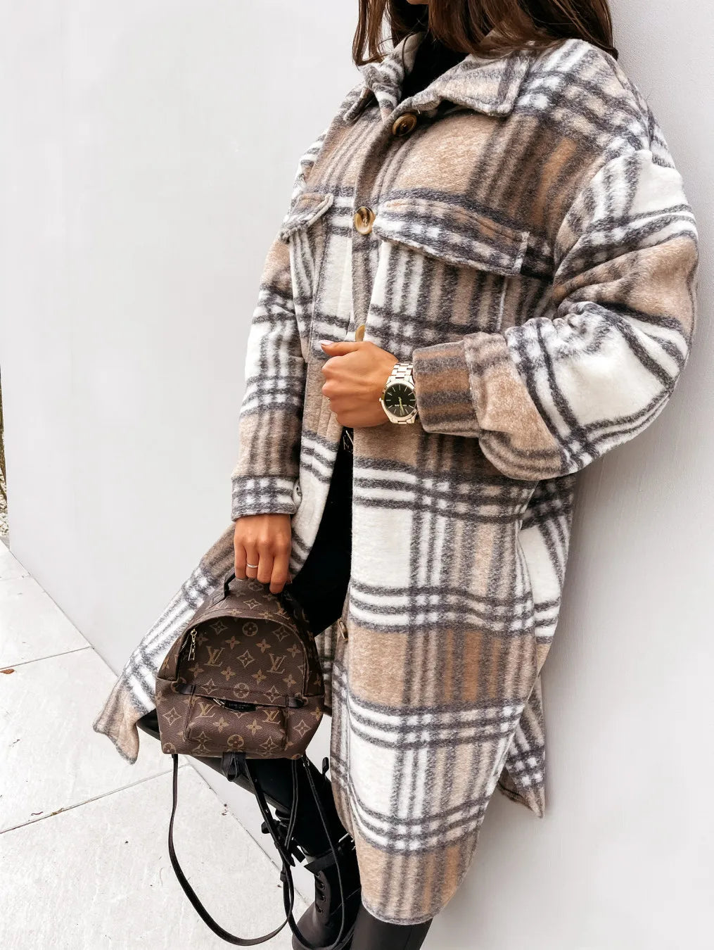 Women's Casual Oversized Winter Checker Jackets Coats Oversized Winter Checker Jackets Coats Turn Down Collar Long Outwear Thick Warm Woolen Blends Overcoats