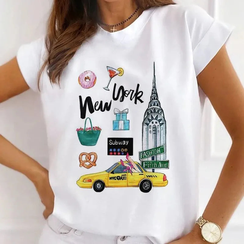 Women's Vintage Graphic Beautiful Style Printed T Shirts Loose Tops White Modal Short Sleeve Tees