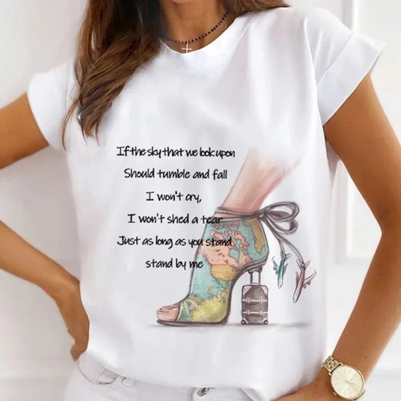 Women's Vintage Graphic Beautiful Style Printed T Shirts Loose Tops White Modal Short Sleeve Tees