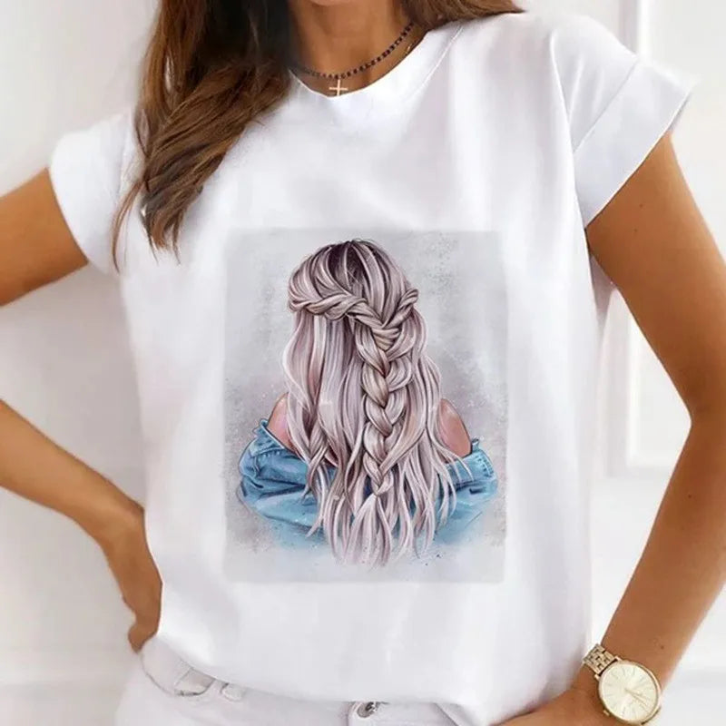 Women's Vintage Graphic Beautiful Style Printed T Shirts Loose Tops White Modal Short Sleeve Tees