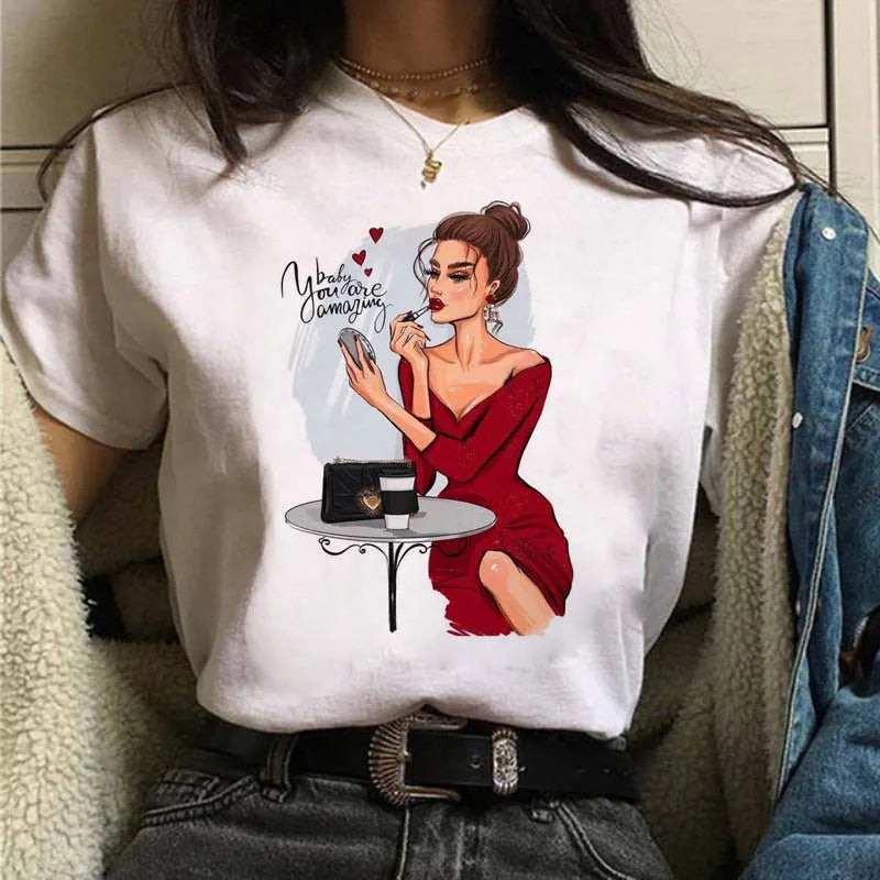 Women's Casual Funny Top Tees 90s Fashion T-shirts Round Neck Short Sleeve Lady T Shirt Clothes