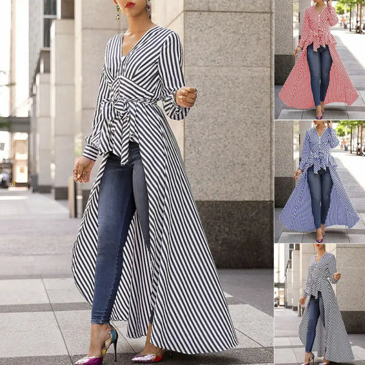 Women Casual Stripe Long Sleeve Blouse Shirt V-Neck Maxi Dress  Business office lady Dress
