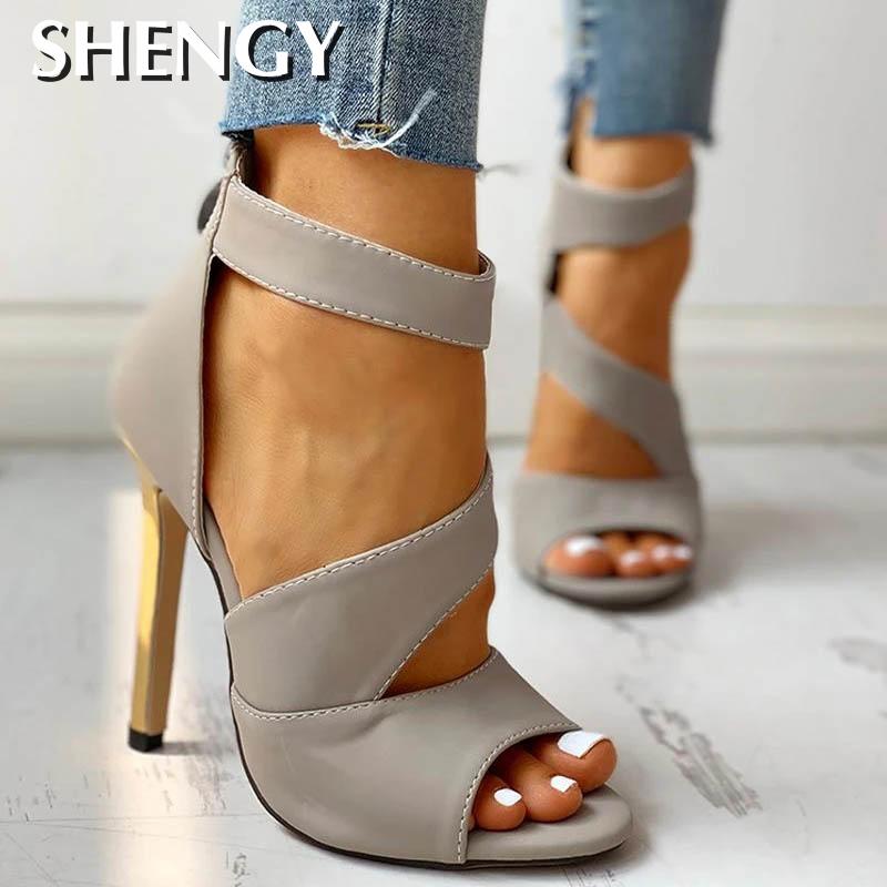 Women New Summer Thin Heels High Heels Zipper Peep Toe Out Sandals