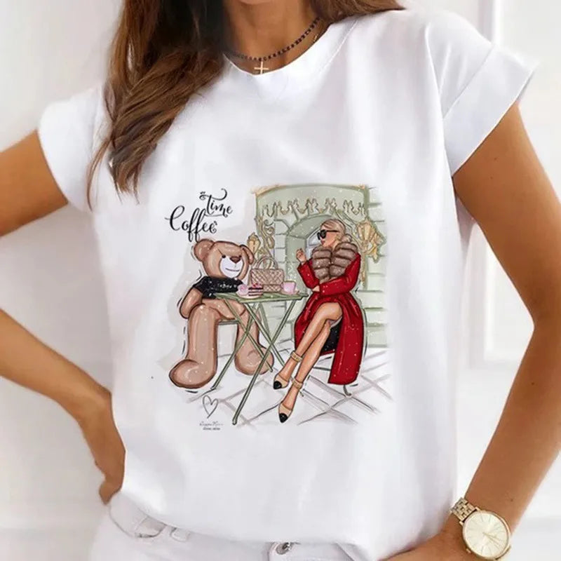Women's Vintage Graphic Beautiful Style Printed T Shirts Loose Tops White Modal Short Sleeve Tees