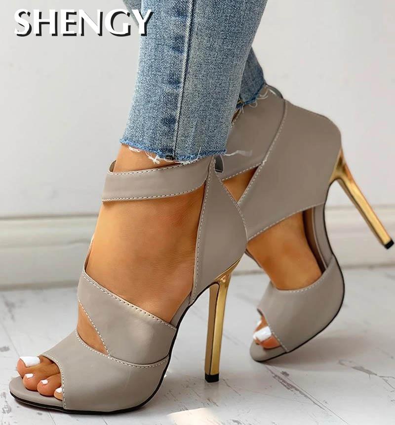 Women New Summer Thin Heels High Heels Zipper Peep Toe Out Sandals