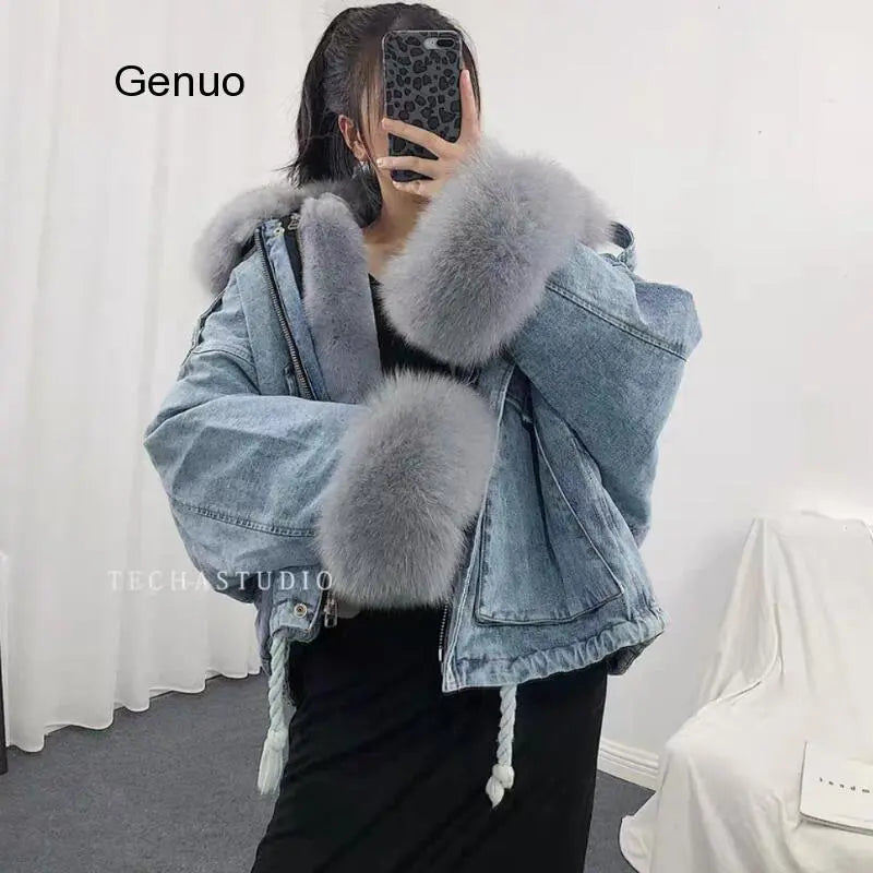 Women Winter Thick Warm Fur Denim Jacket Faux Fox Fur Collar Rex Rabbit Liner Sleeve Loose