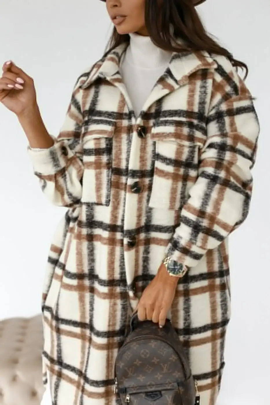 Women's Casual Oversized Winter Checker Jackets Coats Oversized Winter Checker Jackets Coats Turn Down Collar Long Outwear Thick Warm Woolen Blends Overcoats