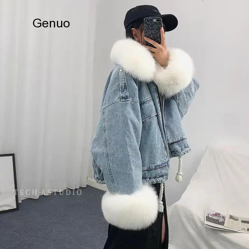 Women Winter Thick Warm Fur Denim Jacket Faux Fox Fur Collar Rex Rabbit Liner Sleeve Loose