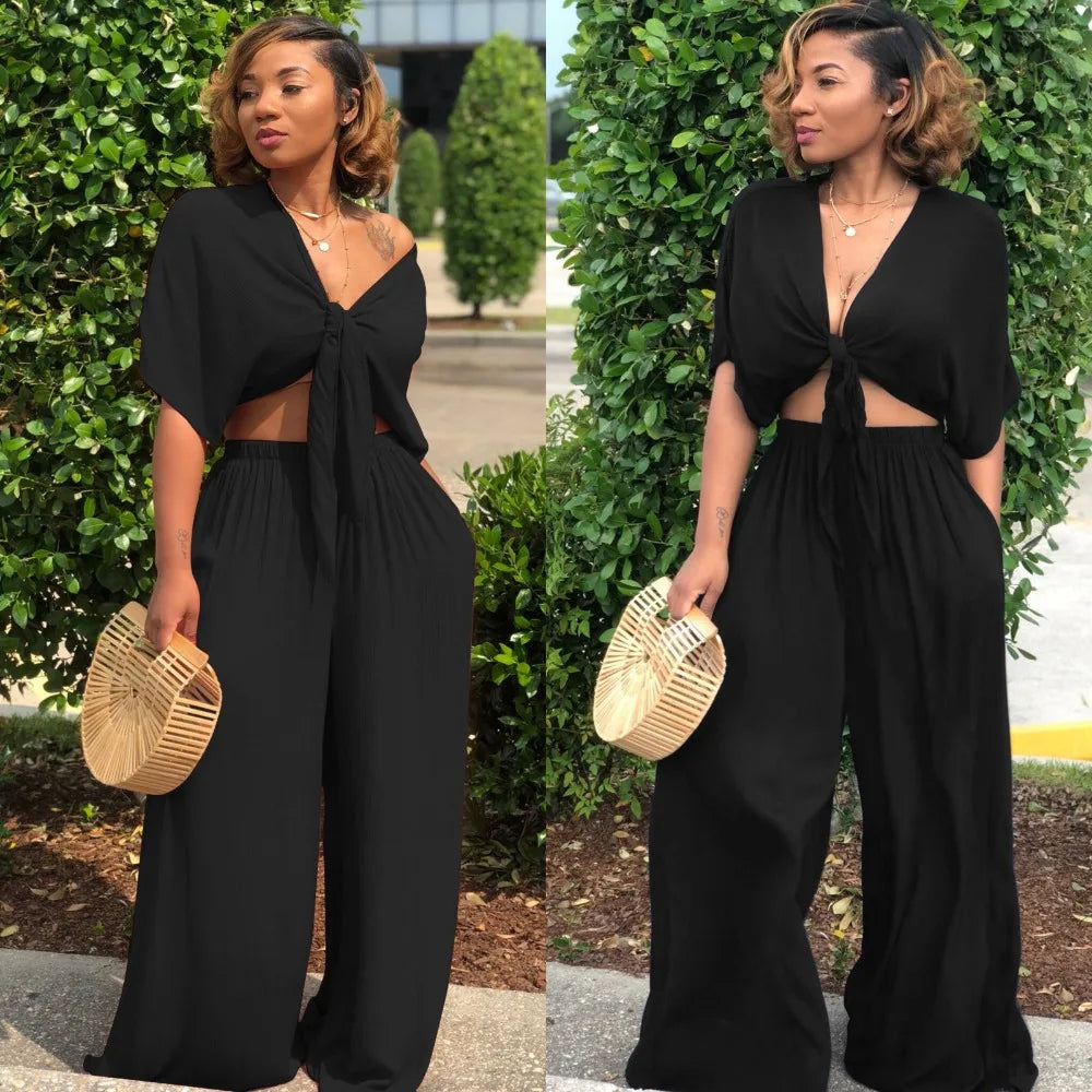 Women 2 piece loose wide leg pants bandage lace up crop top set 2-piece V-neck short sleeve