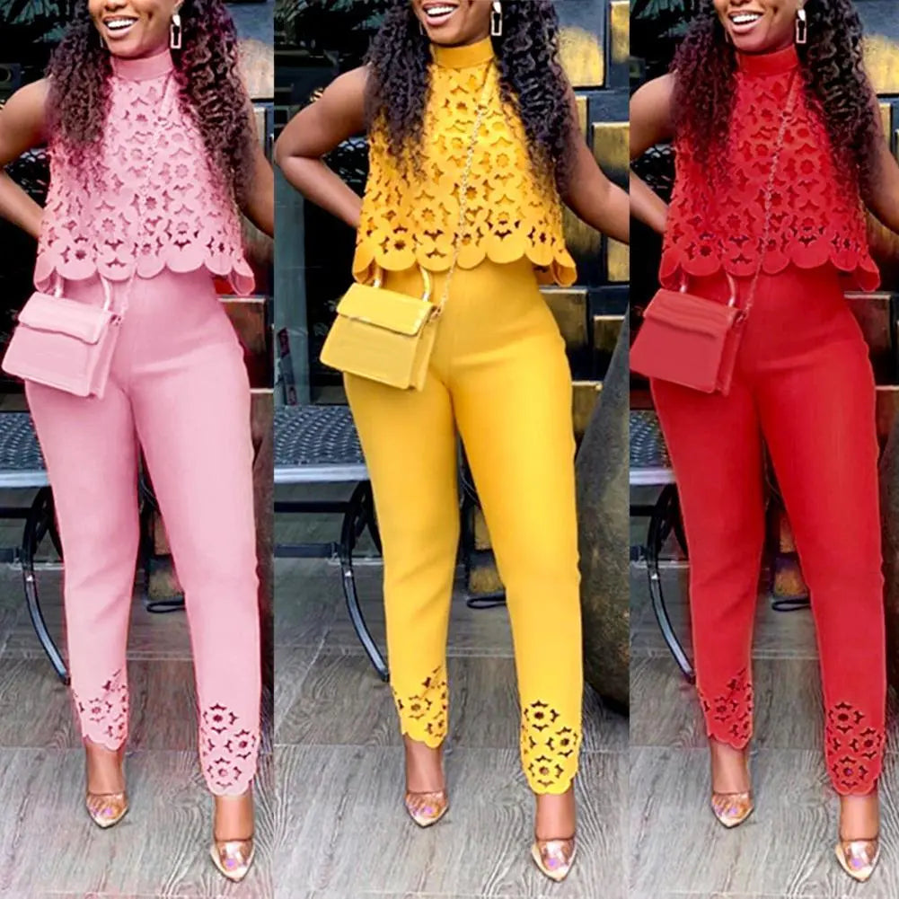 Women Solid Color Two Piece Pants Set Lace Sleeveless Pullovers Crop Top Long Pants Women Outfit