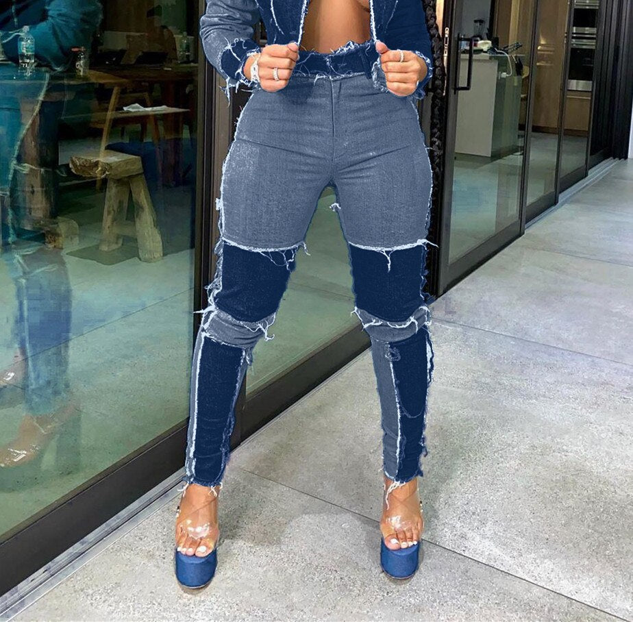 Women Patchwork Ripped Pencil Denim Jeans Skinny High Waist Lady Jean Pants