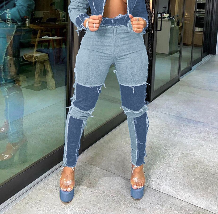 Women Patchwork Ripped Pencil Denim Jeans Skinny High Waist Lady Jean Pants