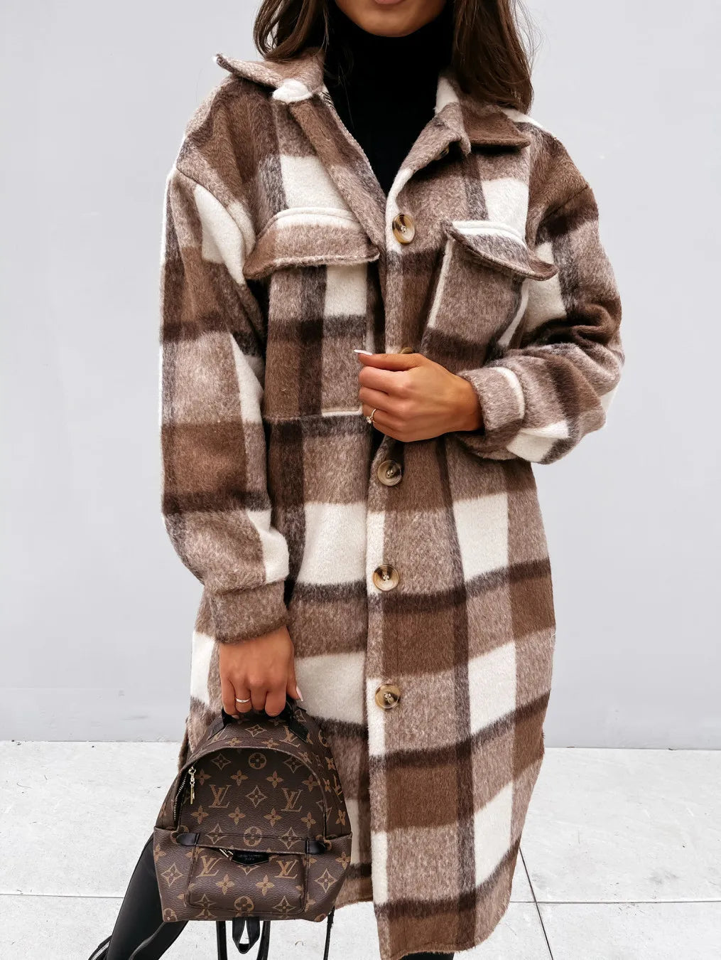 Women's Casual Oversized Winter Checker Jackets Coats Oversized Winter Checker Jackets Coats Turn Down Collar Long Outwear Thick Warm Woolen Blends Overcoats