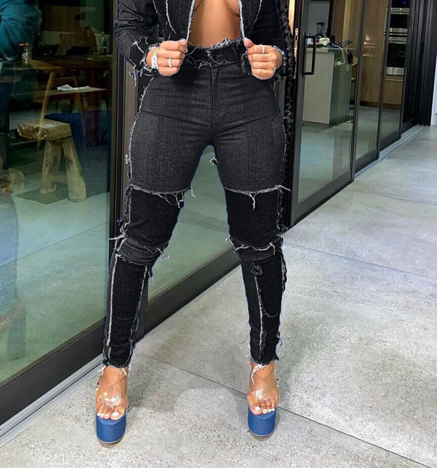 Women Patchwork Ripped Pencil Denim Jeans Skinny High Waist Lady Jean Pants