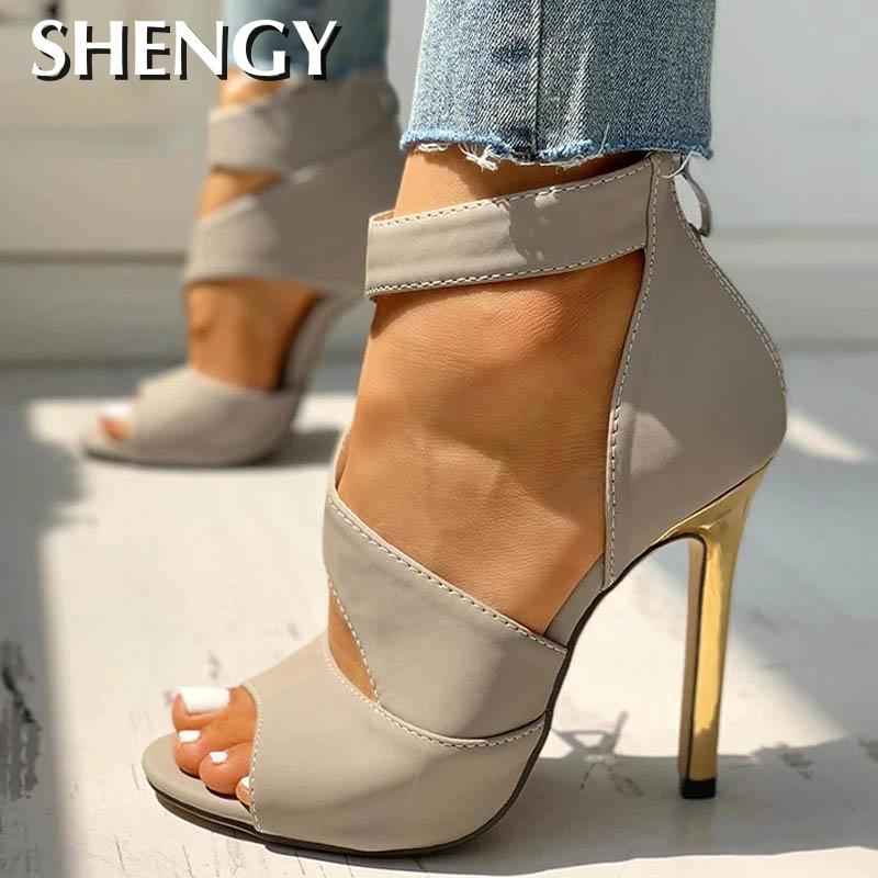 Women New Summer Thin Heels High Heels Zipper Peep Toe Out Sandals