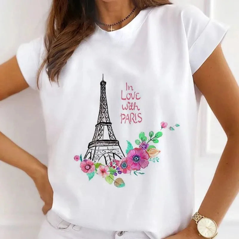 Women's Vintage Graphic Beautiful Style Printed T Shirts Loose Tops White Modal Short Sleeve Tees