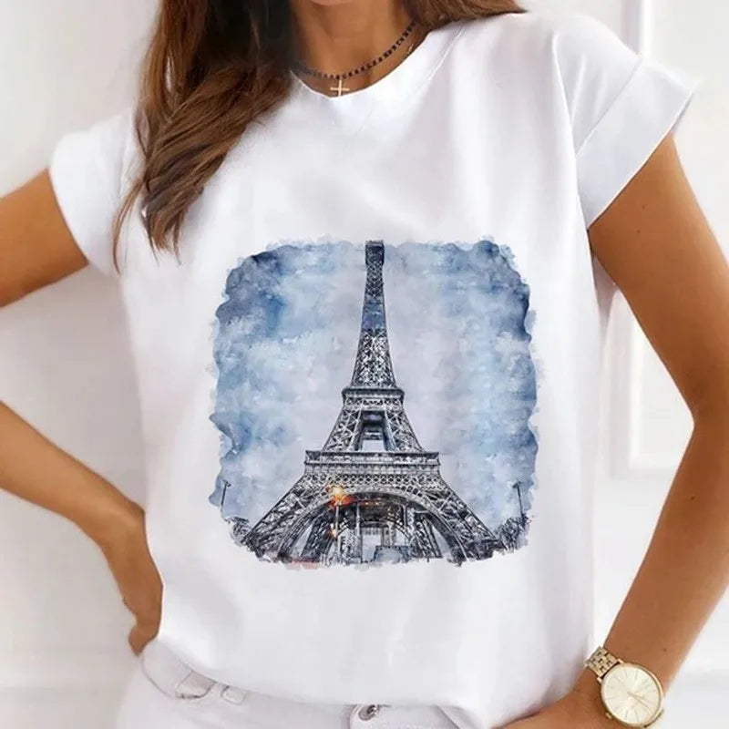 Women's Vintage Graphic Beautiful Style Printed T Shirts Loose Tops White Modal Short Sleeve Tees