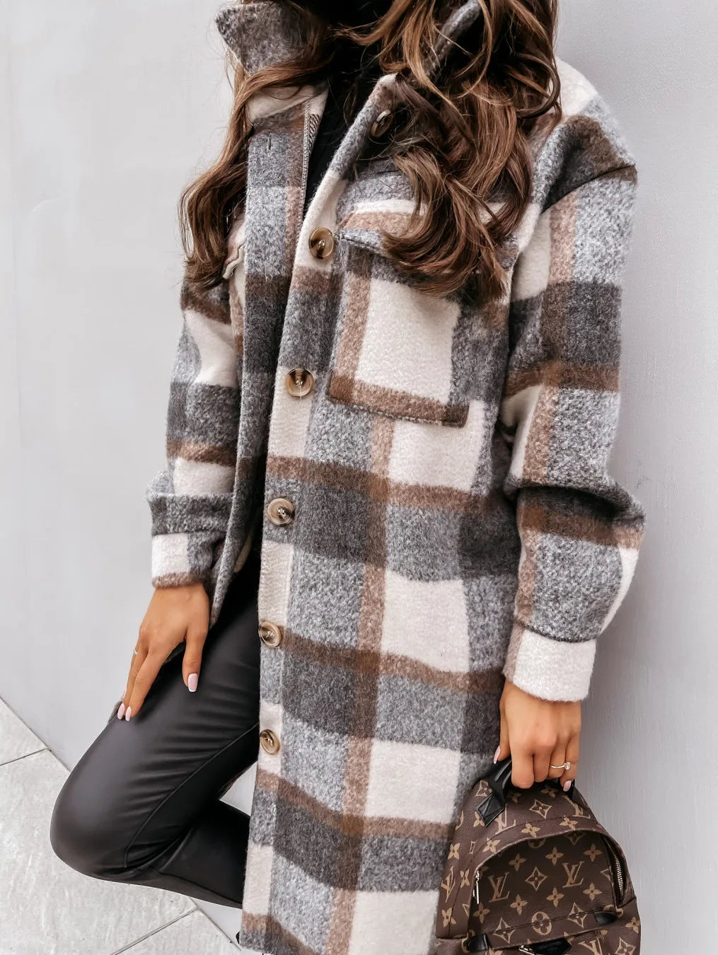 Women's Casual Oversized Winter Checker Jackets Coats Oversized Winter Checker Jackets Coats Turn Down Collar Long Outwear Thick Warm Woolen Blends Overcoats