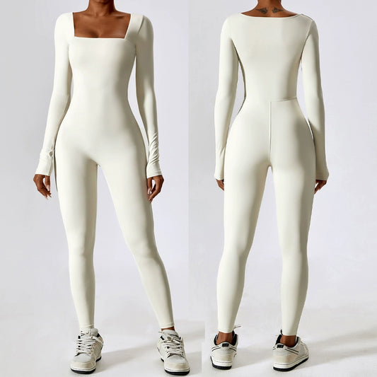 Tight Long Sleeve Yoga Wear Naked Women Fitness Exercise Quick-Drying Yoga Jumpsuit with Chest Pad