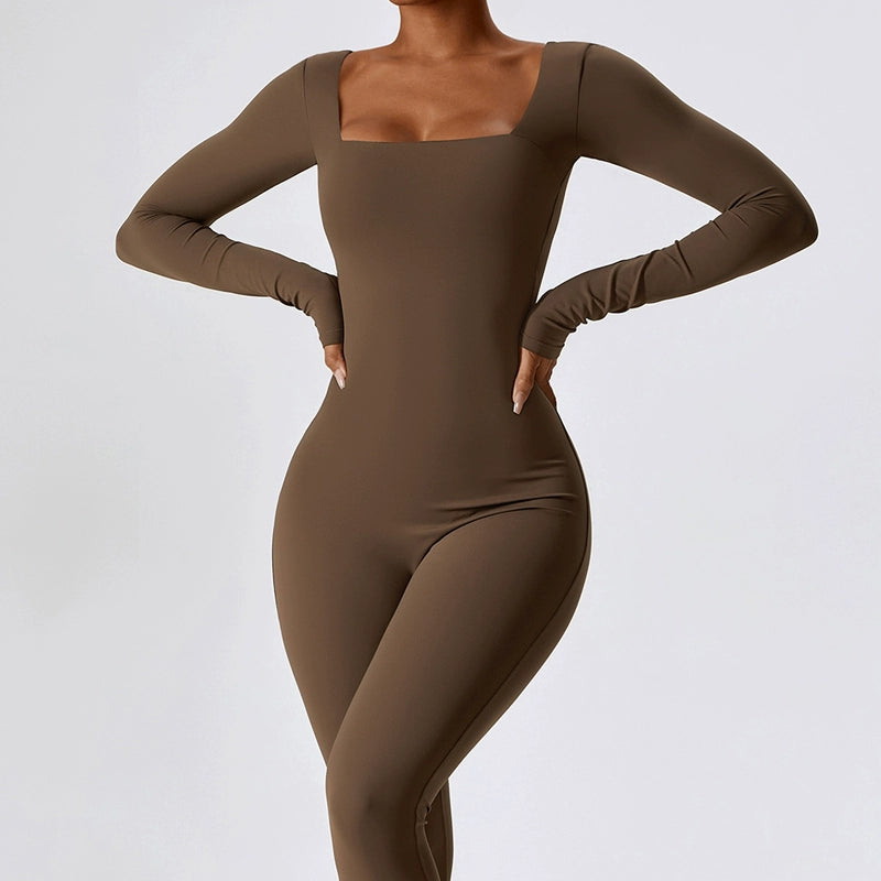 Tight Long Sleeve Yoga Wear Naked Women Fitness Exercise Quick-Drying Yoga Jumpsuit with Chest Pad