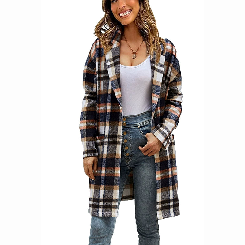 Women's Fall and Winter Long Length Plaid New Arrival Single-Breasted Pocket Mid Length Long-Sleeved Coat