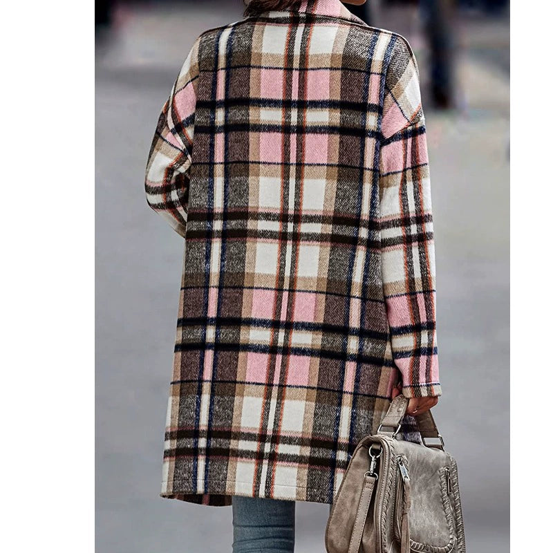 Women's Fall and Winter Long Length Plaid New Arrival Single-Breasted Pocket Mid Length Long-Sleeved Coat