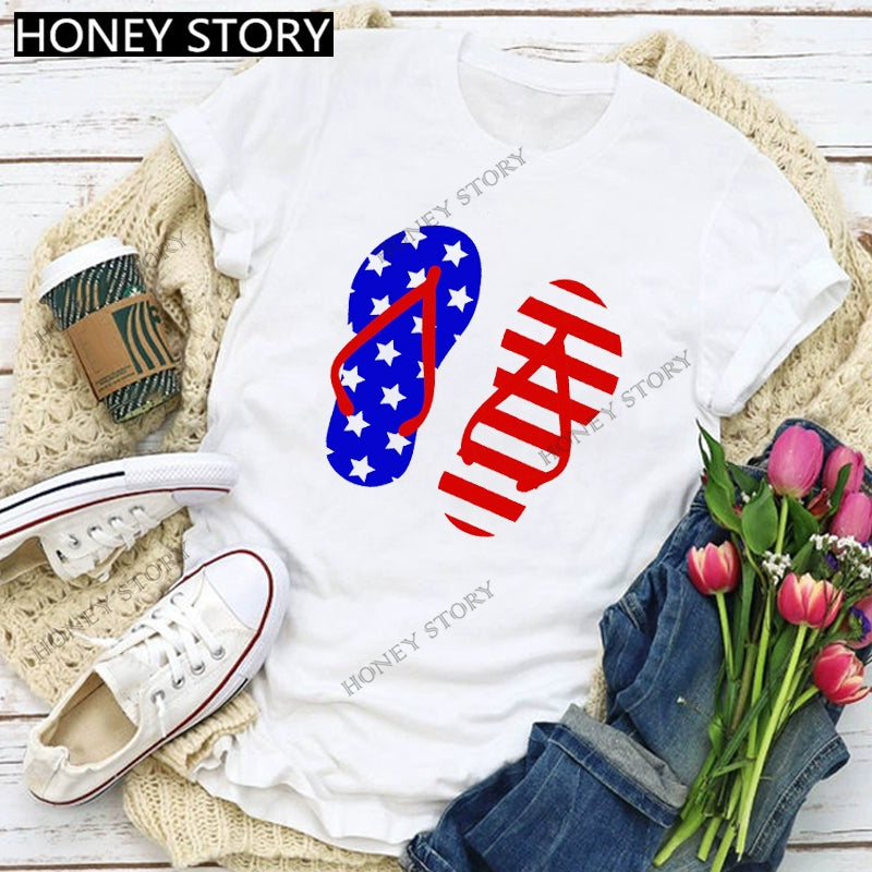 Women Flag Striped Printed Casual American round Neck Short Sleeve T Shirts