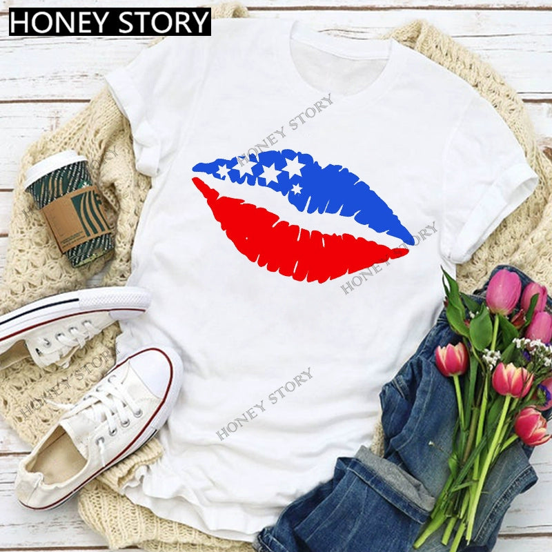 Women Flag Striped Printed Casual American round Neck Short Sleeve T Shirts