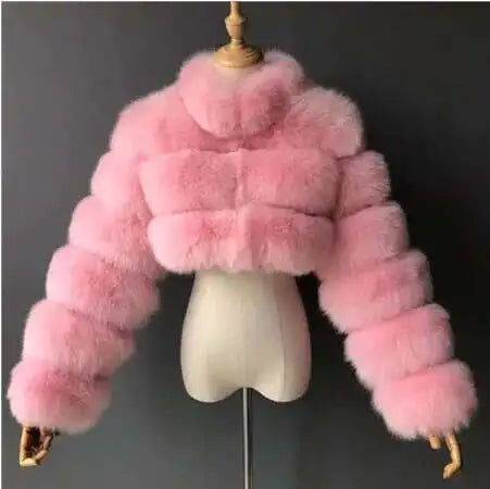 DEAT Fashion Women's Faux Fur Coats Neck Long Sleeve Zipper Short Solid Color Thick Warm Jackets Winter 2024 New 7AB6434