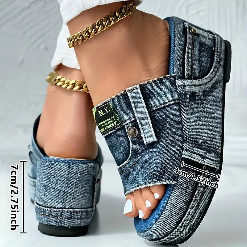 Women's New Elegant Casual Denim Summer Slippers Comfortable Slip-on Shoes Beach Walking Slippers
