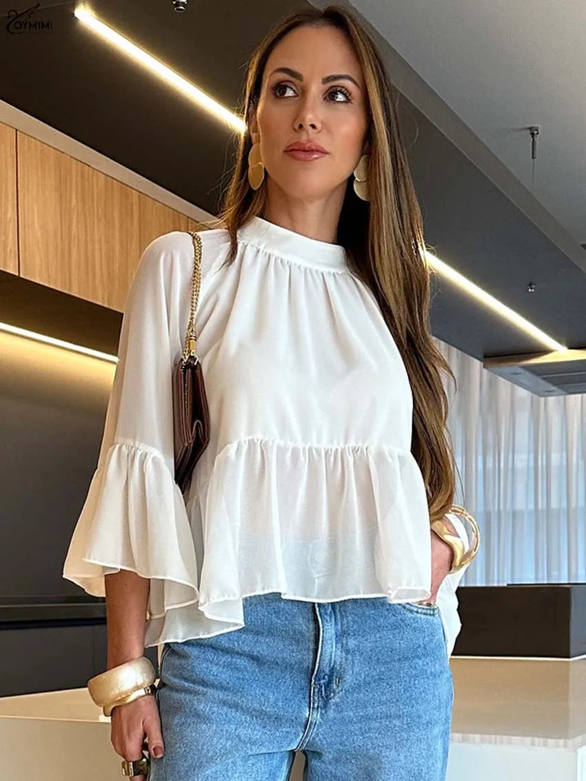 Women's Elegant Fashion White O-Neck Shirt Puff Sleeve Loose Blouses Casual New Ruffled Button Blouses Female Clothing