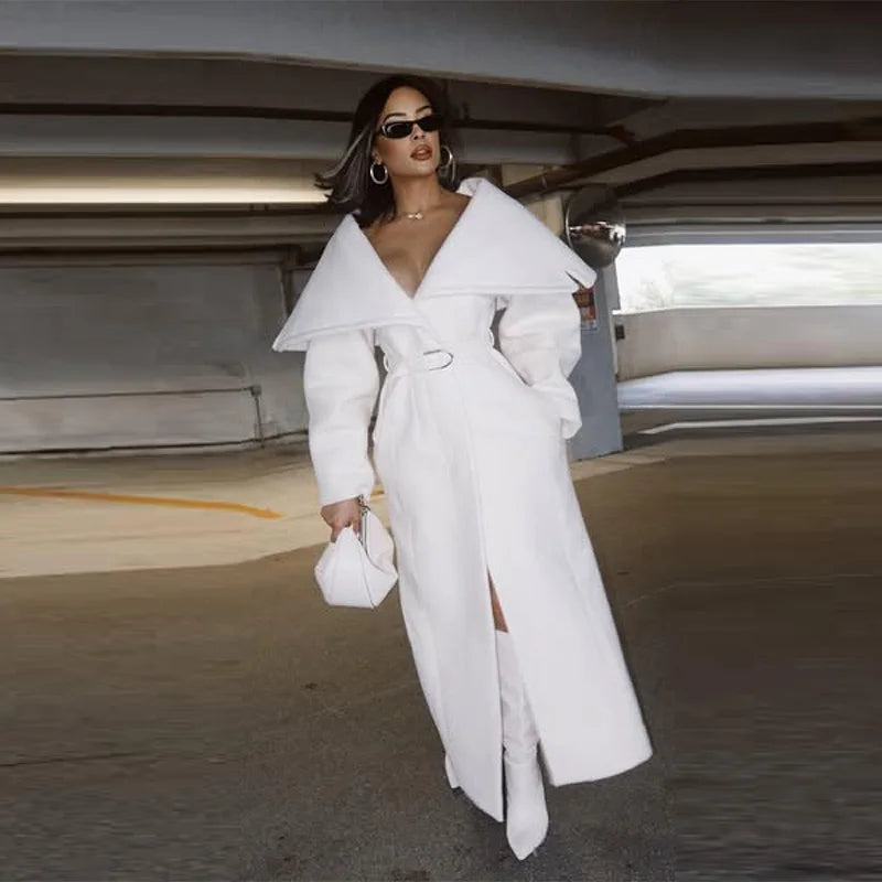 Women Stylish Elegant Woolen Belted Coat High-end Office Ladies Sophisticated Modest Trendy Long Outerwear