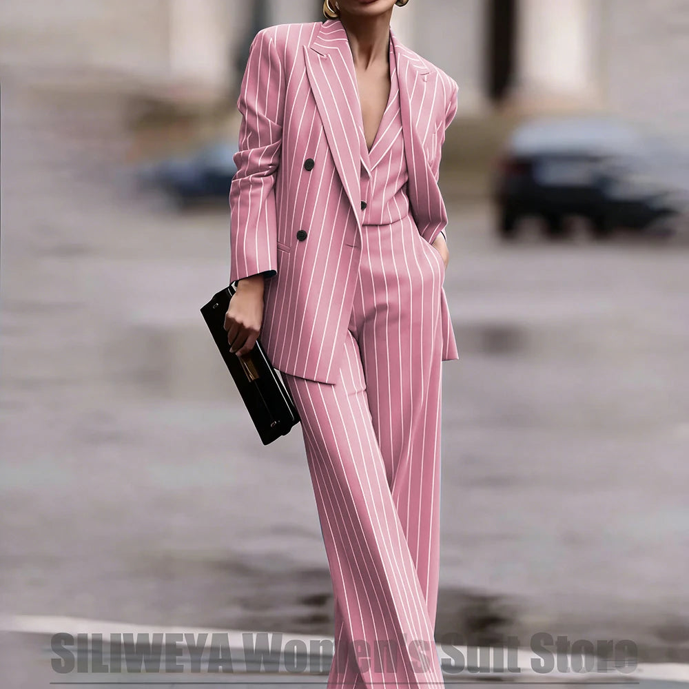 Navy Women's Double Breasted Striped 3 Piece Suits Blazer Vest Wide-Leg Pants Set Fashion Formal Party Office Casual Outfit