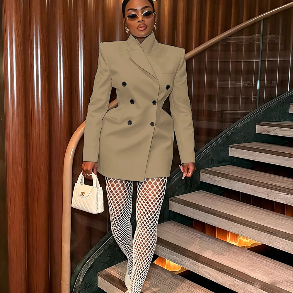 Women's Elegant White Oversized Jacket Double Breasted Blazer Dress Elegant Formal Long 1 Piece Suit for Evening Party