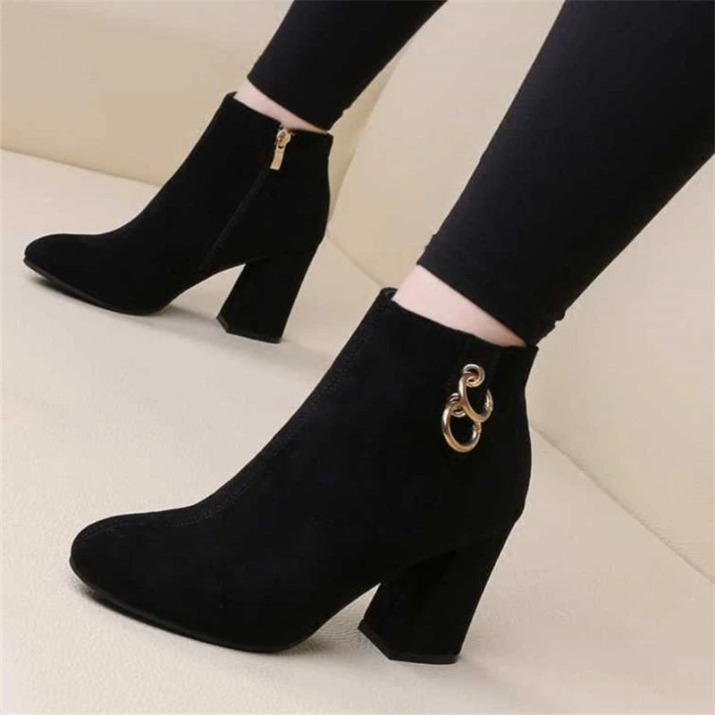 Women's Vintage Retro Plush Warm Autumn Winter Ankle Boots Block Heel Zipper High Heels