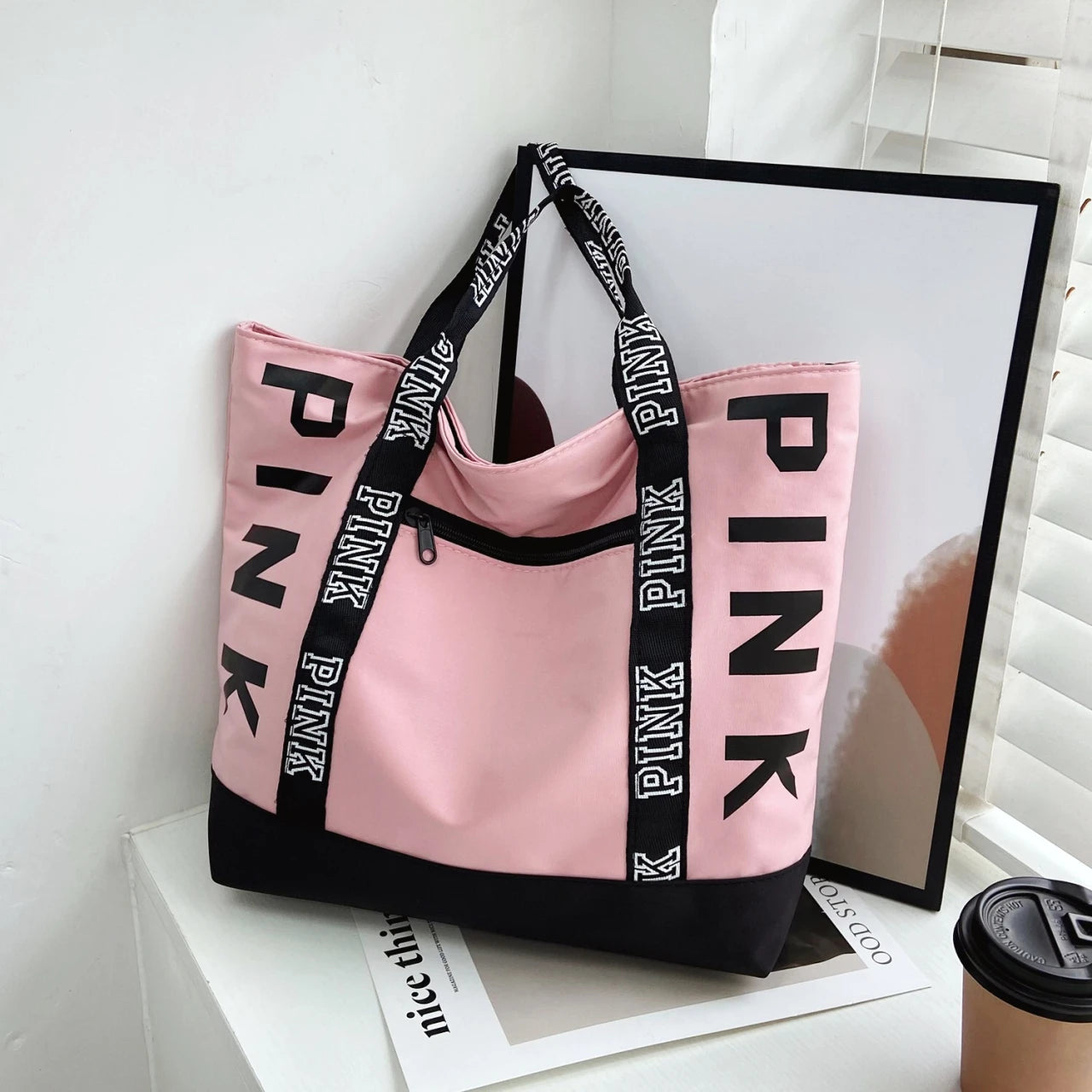 Woman Pink Letter Graphic Tote Casual Shoulder Handbags Bags Sports Fitness Tote Bag Nylon Fabric Bags Women Handbag