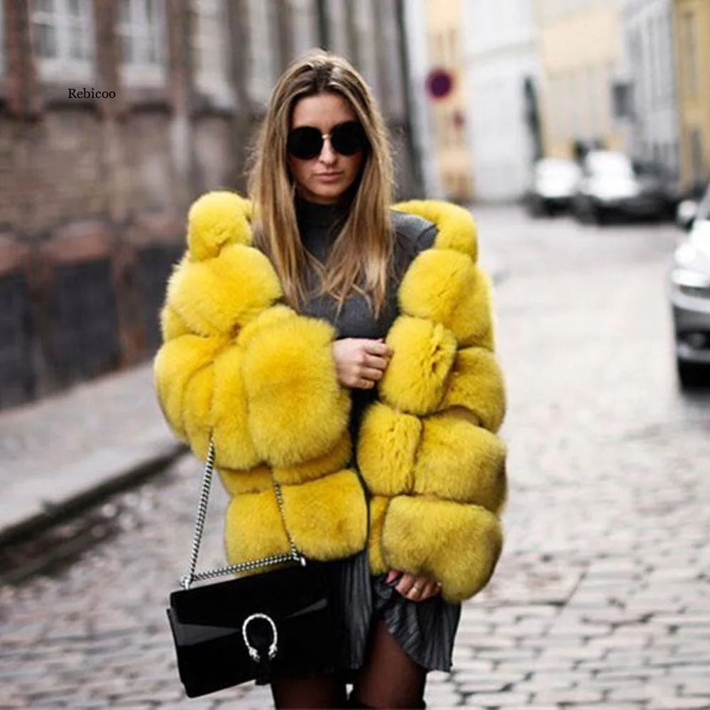 Women's Winter Fashion Hooded Fox Fur Jackets Loose Long Sleeves Female Eco Fur Coat Patchwork Plush Thick Lady Fur Coat