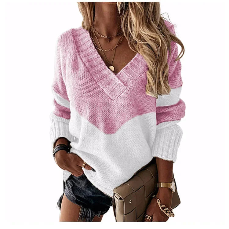 Women's Knitted V-neck Sweaters Stitching Contrast Color Long-Sleeved Knitting Top Pullover Autumn Winter Warm Female Jumper