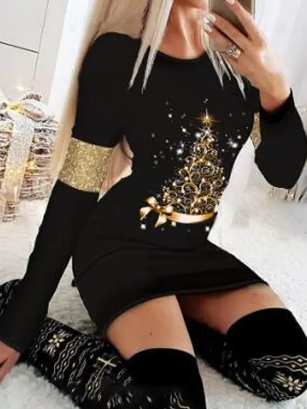 Women's Black White Snowflake Deer Pattern Dress Autumn Winter Long Sleeve Bodycon Mini Dress Elegant Red Christmas Dresses