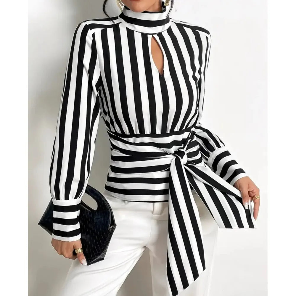 Women's Fashion Trendy  Black White Contrast Striped Shirt Autumn New Retro Scarf Collar Long-sleeved Elegant Female Pullover Shirt