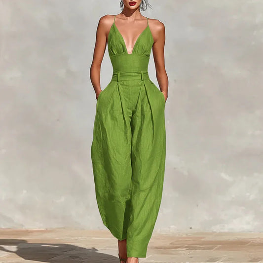 Women's 2026 Solid Sleeveless Jumpsuit Spaghetti Strap V Neck High Waist Loose Leg Overalls Holiday Backless With Pockets Jumpsuit