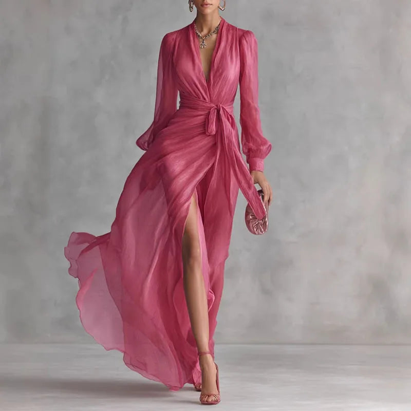Elegant Deep V Neck Hollow Party Wrap Dresses Tie Waist High Slit Long Dress Femme Solid Long Sleeve Maxi Dress